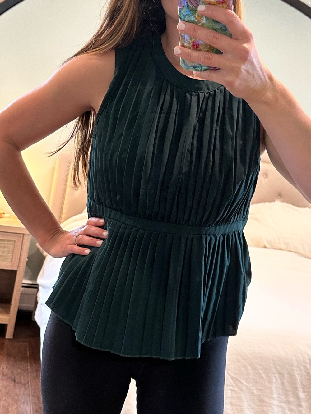 Emerald Green Pleated Sleeveless Blouse Mock Neck Peplum Top Size M